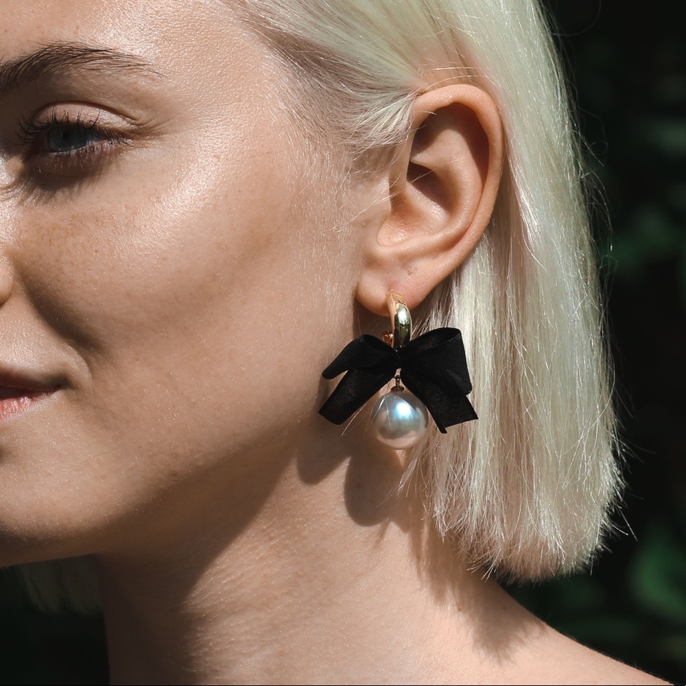 Black Bow With Pearl Attachment Earrings